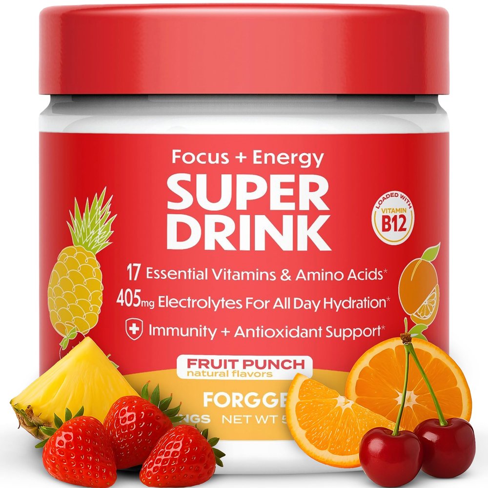 Forgge Healthy Energy Drink Powder Mix - Clean Caffeine + B12, B6, C & D Vitamins - Sugar Free Energy Drink Powder with Electrolytes, Amino Acids, Antioxidants, Lions Mane - Vegan, Keto-Friendly - 30 SVG, Fruit Punch