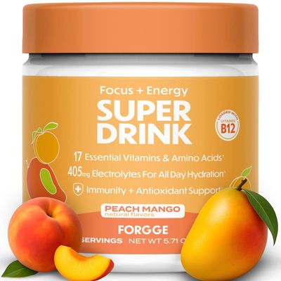 Forgge Energy Booster Super Drink - Clean Caffeine + B12, B6, C & D Vitamins - Sugar Free Energy Drink Powder with Electrolytes, Amino Acids, Antioxidants, Lions Mane - Vegan, Keto-Friendly - 30 SVG, Peach Mango