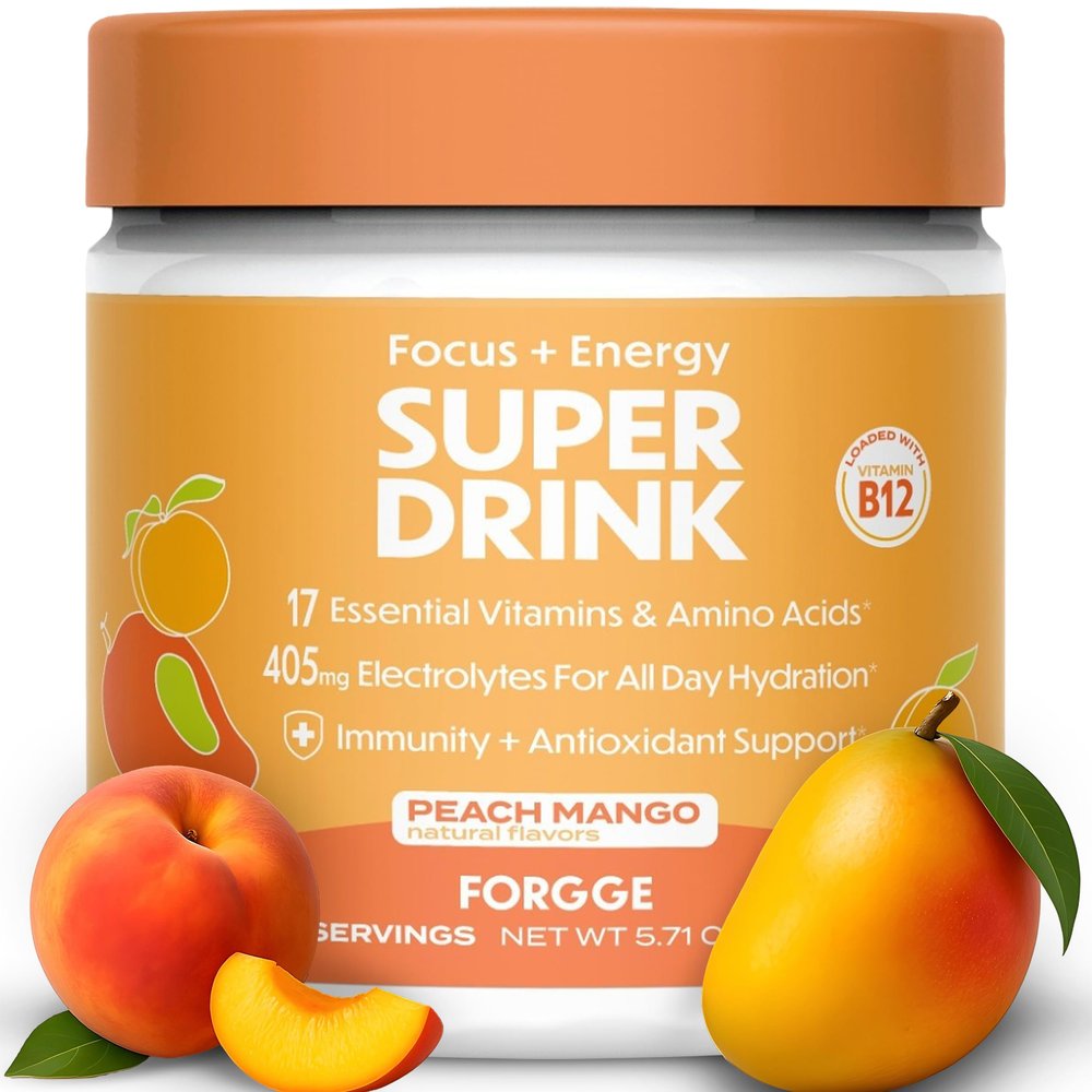 Forgge Energy Booster Super Drink - Clean Caffeine + B12, B6, C & D Vitamins - Sugar Free Energy Drink Powder with Electrolytes, Amino Acids, Antioxidants, Lions Mane - Vegan, Keto-Friendly - 30 SVG, Peach Mango