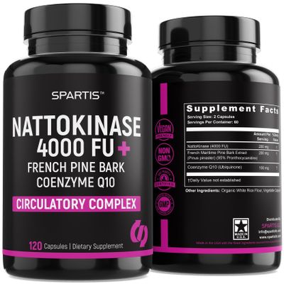 SPARTIS Nattokinase Supplement 4000 FU CoQ10 100mg French Maritime Pine Bark Extract 200mg with Enzymes for Circulatory & Cardiovascular Support (Pack of 1 at 120-Caps)