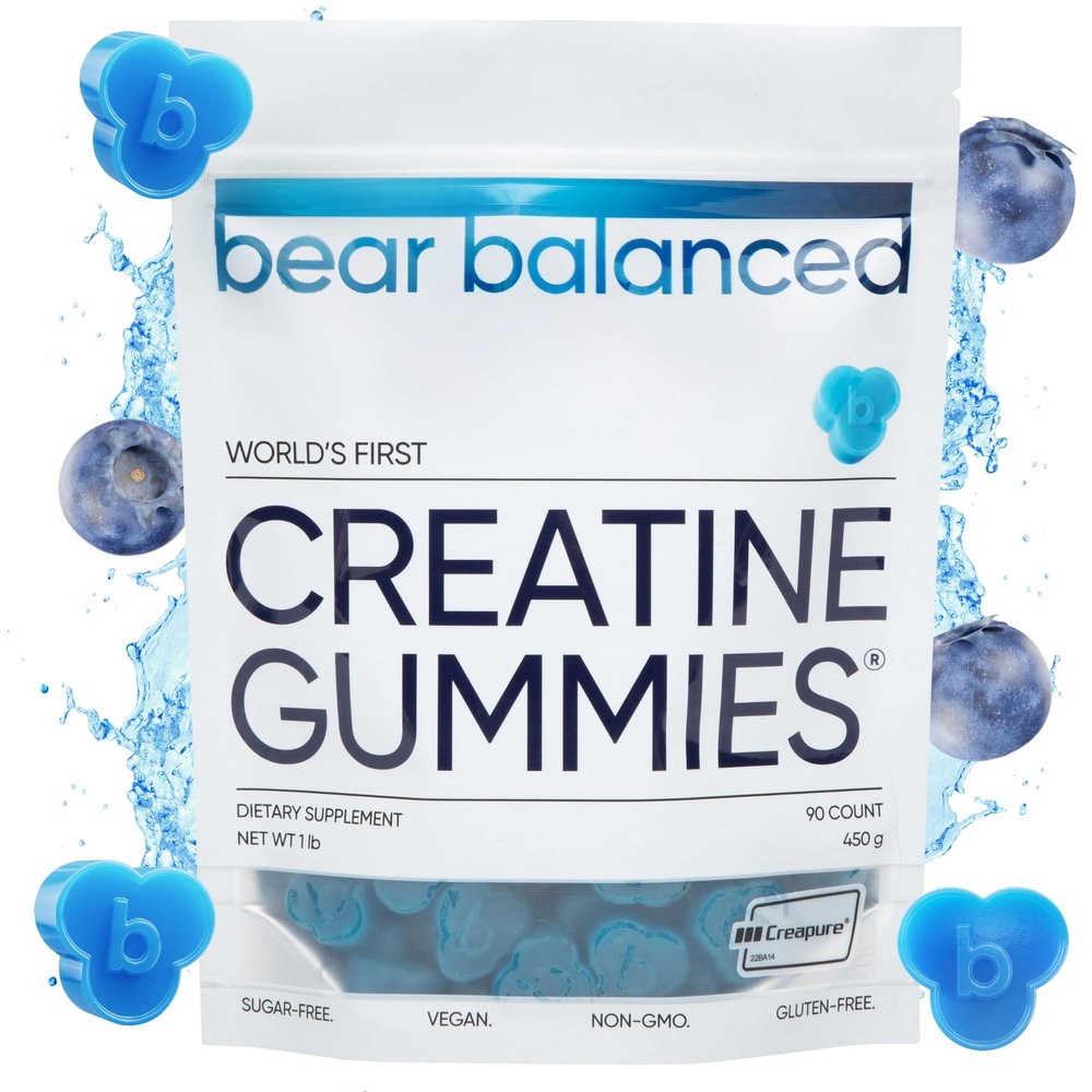 Bear Balanced Creatine Gummies for Men & Women - Creapure Creatine Monohydrate, L-Theanine, L-Tyrosine & B12 for Muscle Growth, Strength, Focus, Energy & Health - Low Calorie, Sugar-Free, & Vegan