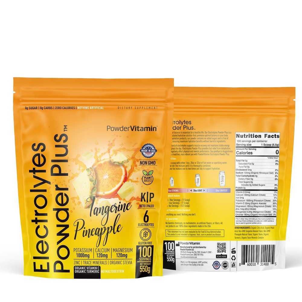 PowderVitamin Electrolytes Powder Plus (100 Servings) Tangerine Pineapple Electrolyte Powder Zero Calorie Keto,0Sugar, No Maltodextrin,1000mg Potassium,120mg Calcium,120mg Magnesium, Hydration Powder