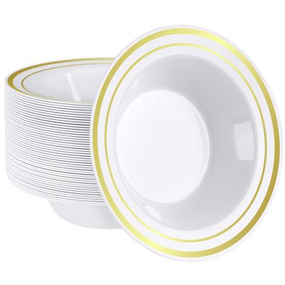 SETUP [12 oz. - 50 Piece Dessert Soup Bowls with Gold Rim, Plastic Bowls Disposable - Premium Heavy-Duty Disposable Soup Bowls for Party, Wedding, and All Occasions