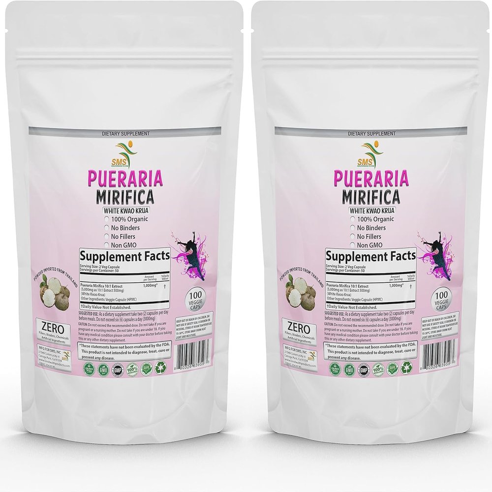 SMSHEALTHPRODUCTS.com 200 Veggie Caps Pueraria Mirifica Powder, 100% 10:1 Potent, Organic, 1,000mg Daily Non GMO from Thailand, Premium Quality