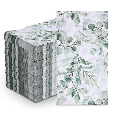100Pcs Disposable Greenery Guest Napkins Paper Disposable Hand Towels Green Leaves Decorative Paper Dinner Hand Napkin for Bathroom Baby Shower Party Supplies Table Decor