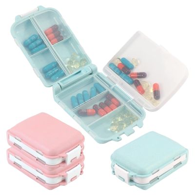 4Pcs Pill Organizer,8 Compartments Portable Pill Box,Travel Pill Box,Three Folding Design Daily Pill Organizer for Pocket Purse Medicine Vitamin Holder Container(Pink,blue)