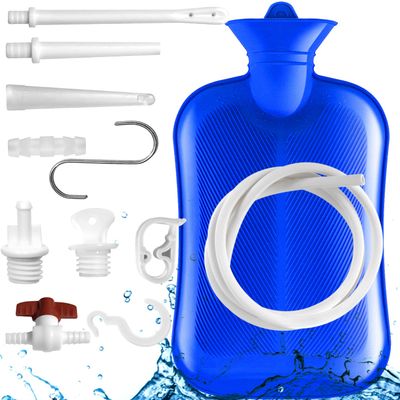 2 L Enema Bag with SwitchHot-Water Bottle5.0 ft. Long Silicone Hose ,3 Multi-Size Reusable Tips, Controlable Water Flow Valve- Coffee, Shower, Douche & Home Adult Enema KitBlue