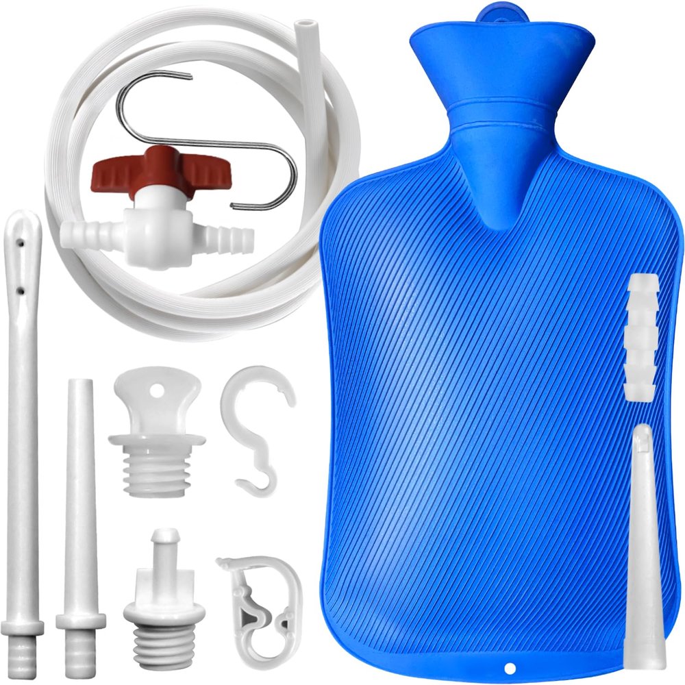 2 L Enema Bag Home Enema Kit with 3 Enema Tips,60 inch Long Silicone Hose, Controlable Water Flow Valve, Hot-Water Bottle for Colon Cleansing Enemas for Women/MenBlue