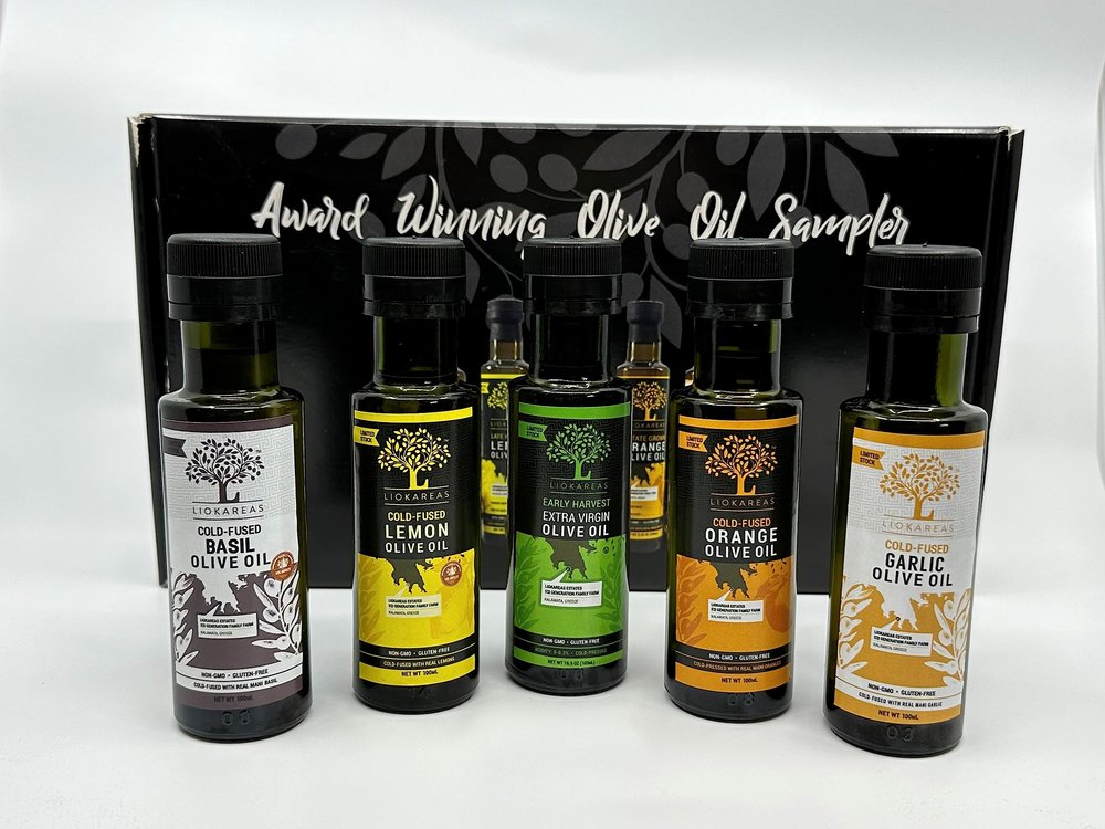 Award Winning Olive Oil Variety Pack - Organic Extra Virgin Flavored Olive Oil - 100ml Each - Garlic, Basil, Lemon, Orange, Early Harvest - Packed With Polyphenols - Heart Healthy - Product of Greece