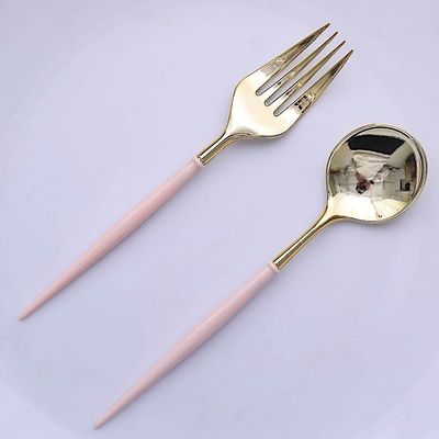 24 Rose Gold Disposable 6 in Premium Plastic Cutlery Spoons Forks Set Wedding Party Events Reception Home Decorations Supplies