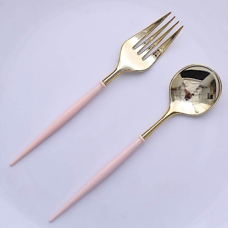 24 Rose Gold Disposable 6 in Premium Plastic Cutlery Spoons Forks Set Wedding Party Events Reception Home Decorations Supplies