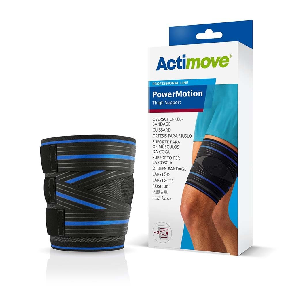 Actimove Professional PowerMotion Thigh Muscle Support | Unisex Adjustable Compression Support Wrap for Sciatic Nerve, Pulled Thigh, Hip Fler Strain, Groin Injury, Hamstring Pull, Charcoal, Large