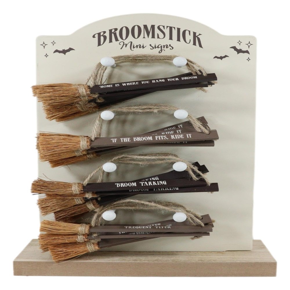 Ebros Gift Witchcraft Witches Pack of 24 Broomsticks Mini Signs Hanging Ornaments With Display Stand 'If The Broom Fits Ride It' 'Broom Parking' Frequent Flyer' 'Home Is Where You Hang Your Broom'