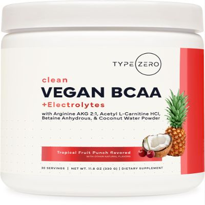 Type Zero Ultra Clean Vegan BCAA Powder + Electrolytes (Tropical Fruit Punch | 6G) 2:1:1 Sugar-Free/No Sucralose BCAAs Amino Acids Supplement - BCAA Vegan Amino Acids After Workout Drink, 30 Servings