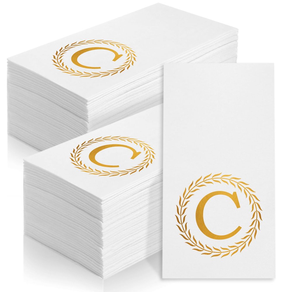 100 Gold Monogram Disposable Napkins - Letter C Hand Towels Decorative, Dinner Napkins for Guest, Monogrammed Hand Towels for Bathroom Wedding Birthday Party Baby Shower
