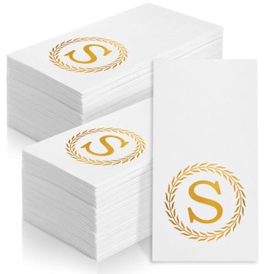 100 Gold Monogram Disposable Napkins - Letter S Hand Towels Decorative, Dinner Napkins for Guest, Monogrammed Hand Towels for Bathroom Wedding Birthday Party Baby Shower
