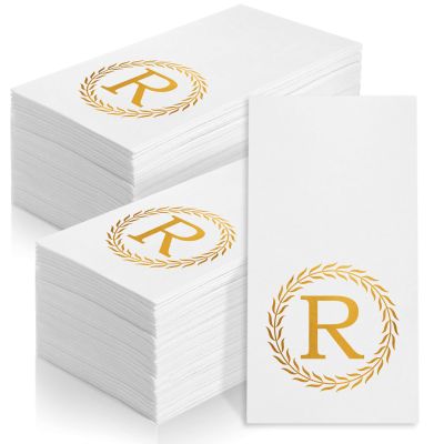 100 Gold Monogram Disposable Napkins - Letter R Hand Towles Decorative, Dinner Napkins for Guest, Monogrammed Hand Towels for Bathroom Wedding Birthday Party Baby Shower