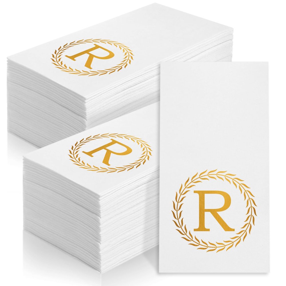 100 Gold Monogram Disposable Napkins - Letter R Hand Towles Decorative, Dinner Napkins for Guest, Monogrammed Hand Towels for Bathroom Wedding Birthday Party Baby Shower