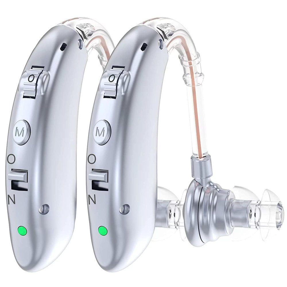 Rechargeable Hearing Aids for Seniors Severe Hearing Loss, Hearing Aids with Noise Cancellation, Hearing Aids, Behind the Ear Hearing Aids (Silver)