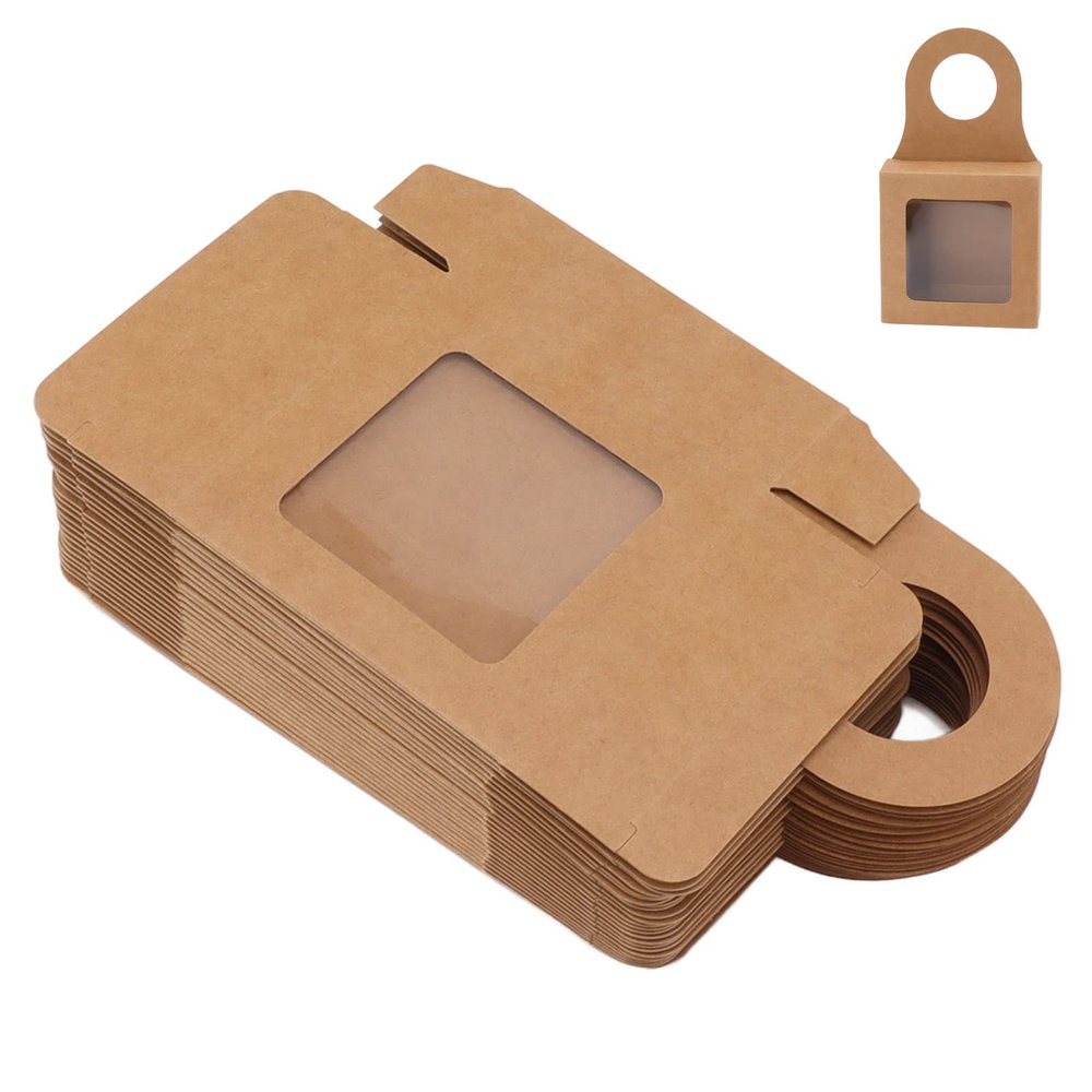 25 Count Kraft Paper Wine Bottle Box,Foldable Gift Boxes Wine Boxes,Hanger Favor Box Valentine Boxes with Hanging Hook Window Foldable Kraft Gift Boxes