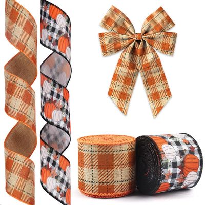 Hying 2 Rolls Fall Ribbons for Wreath Bows Wrapping Gifts, Buffalo Plaid Pumpkin Autumn Ribbon for Gift Wrapping Harvest Thanksgiving Party Decoration DIY Crafts 2.5" X 10 Yards Fall Wired Edge Ribbon