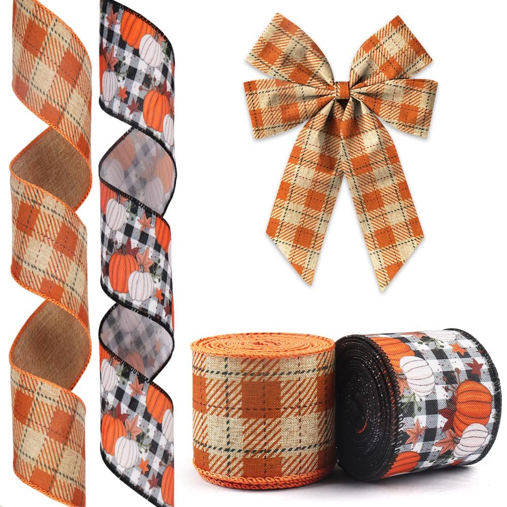 Hying 2 Rolls Fall Ribbons for Wreath Bows Wrapping Gifts, Buffalo Plaid Pumpkin Autumn Ribbon for Gift Wrapping Harvest Thanksgiving Party Decoration DIY Crafts 2.5" X 10 Yards Fall Wired Edge Ribbon