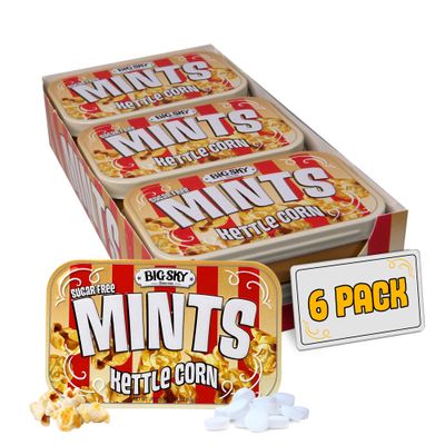 Big Sky Sugar Free Kettle Corn Mints - 50 Count Tin (Pack of 6) | Kosher Certified, Vegan Candy | Aspartame & Gluten Free | Sweet Popcorn Flavored Sugar Free Candy Mints for Travel & Sharing