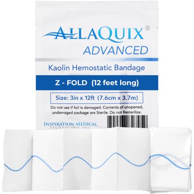 AllaQuix Advanced Kaolin Hemostatic Gauze  Z-Fold Sterile Clotting Bandage (3" x 12 ft, 1-Pack) | Stops Bleeding Fast for Emergency, Trauma, Tactical First Aid, Survival Kits, and IFAKs