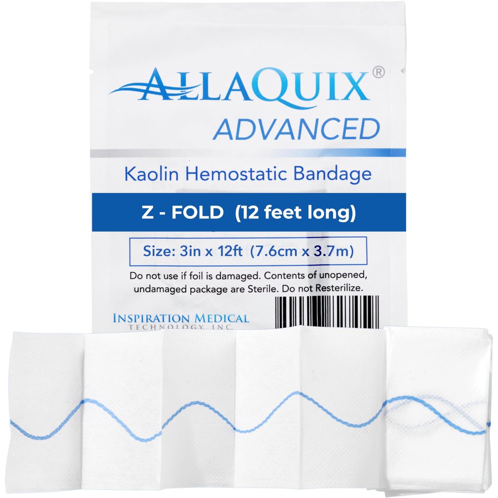 AllaQuix Advanced Kaolin Hemostatic Gauze Z-Fold Sterile Clotting Bandage (3" x 12 ft, 1-Pack) | Stops Bleeding Fast for Emergency, Trauma, Tactical First Aid, Survival Kits, and IFAKs