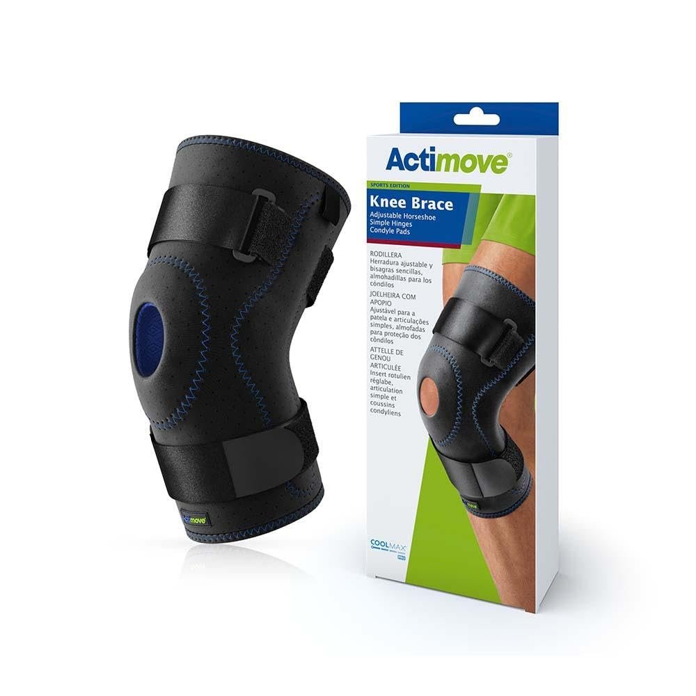 Actimove Sports Edition Knee Brace Adjustable Horseshoe, Simple Hinges, Condyle Pads | Left & Right Compatible Knee Support for Meniscus Tear, Pain, ACL, MCL, Injury Recovery | Men & Women, Black - Choose Your Size