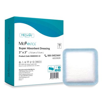 MedVance Super Absorbent Dressing, Non-Adhesive Pads for Wound Care, Pressure Ulcers & 1st/2nd Degree Burns, Superior Moisture Absorption, Box of 10 Dressings (3"x3" Bandage, 1.75"x1.75" Pad)