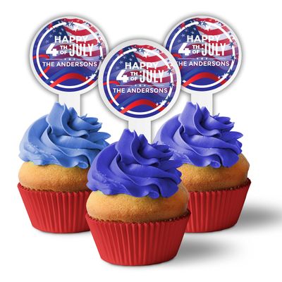 1000 Pack of Custom 4th of July Cupcake Cupcake Toppers, Plastic Personalized Cupcake Picks 2x4 Inches, Custom Text, American Made (Circle Shape)