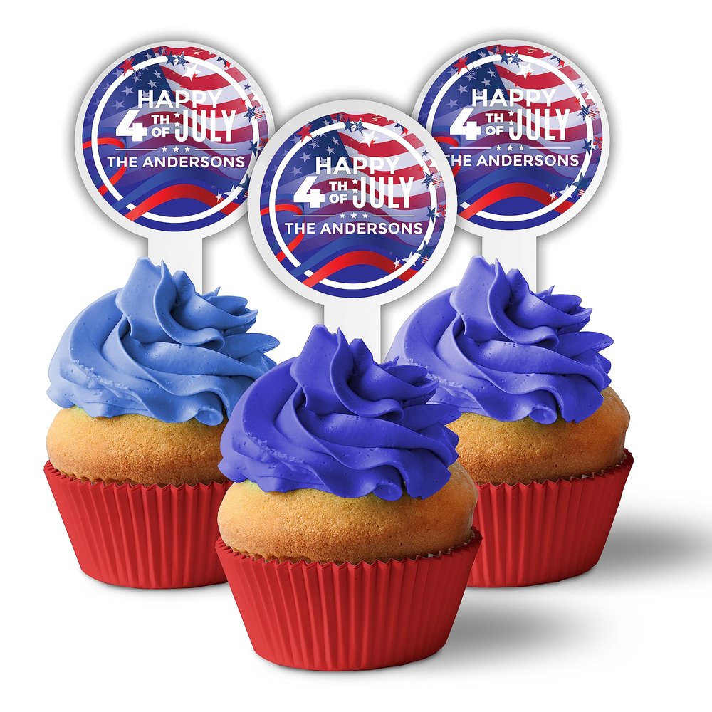 1000 Pack of Custom 4th of July Cupcake Cupcake Toppers, Plastic Personalized Cupcake Picks 2x4 Inches, Custom Text, American Made (Circle Shape)