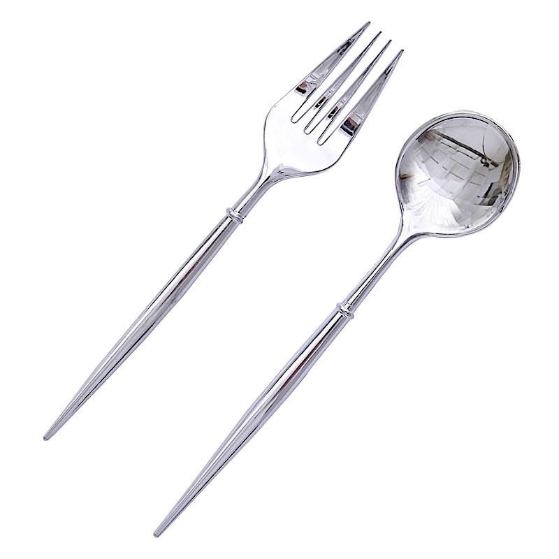24 Silver Disposable 6 in Premium Plastic Cutlery Spoons Forks Set Wedding Party Events Reception Home Decorations Supplies