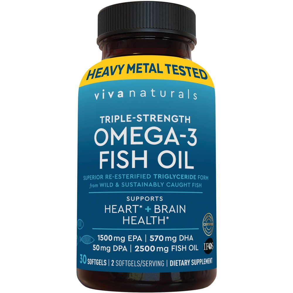 Viva Naturals Omega-3 Fish Oil, Triple Strength, 2500 mg, 30 Softgels Re-Esterified Omega 3 Fatty Acids Including EPA, DHA, DPA - Pascatarian-Friendly