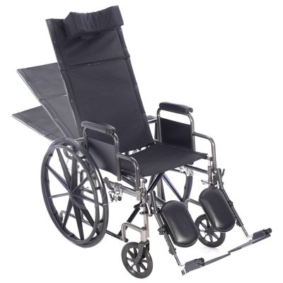 20 Reclining Wheelchair with Elevating Legrests, Headrest Support, Removable Desk Arms, and Rear Anti Tippers - Black - Nylon - 350LB Capacity - Chariot-RC Wheelchair