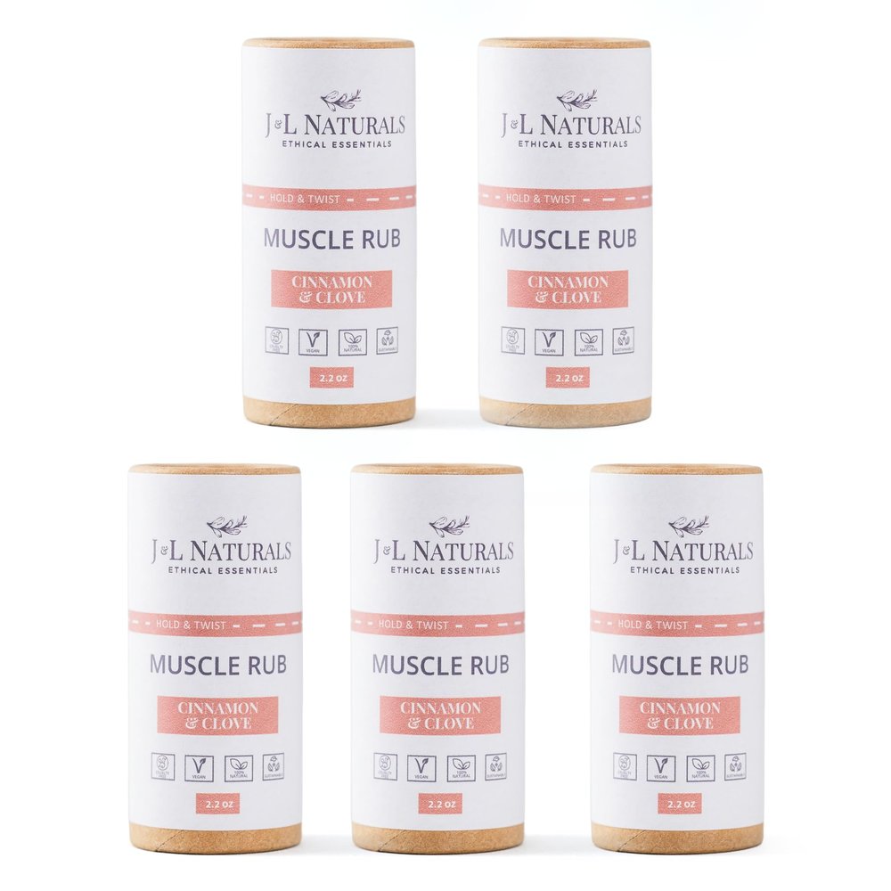 J&L Naturals Muscle Rub | Cream for Achy + Sore Muscles, Joints, Back, Knees, Shoulders | Soothing & Nourishing | Vegan, Sustainable, Cruelty Free, Natural, Made in US (5-Pack Bundle)