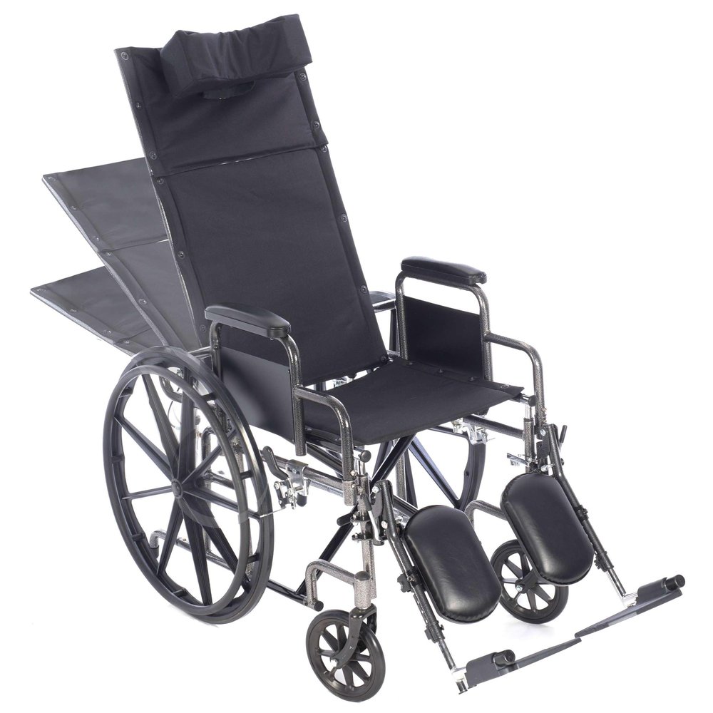18 Reclining Wheelchair with Elevating Legrests, Headrest Support, Removable Desk Arms, and Rear Anti Tippers - Black - Nylon - 300LB Capacity - Chariot-RC Wheelchair
