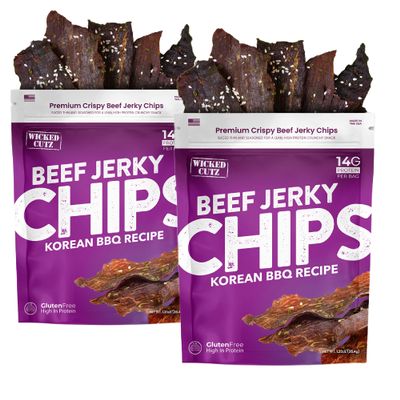 Wicked Cutz Korean BBQ Beef Jerky Chips, 14g Protein per Bag, Crispy & Crunchy Beef Jerky Crisps, USA Made Barbeque Flavored Chips, High Protein Carnivore Snacks (2 Bags)