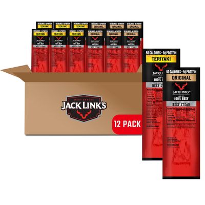 Jack Link's Beef Steak, Original and Teriyaki - Protein Snacks, Meat Snack, Good Source of Protein, Made with 100% Beef, Individually Wrapped Bulk Snack Pack - 0.8 Oz. (12 Count)