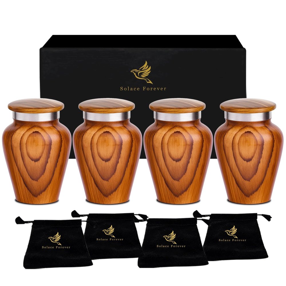 Metallic Wooden Print Small Urns for Human Ashes Keepsake - Mini Urn for Ashes Adult Male & Female - Keepsake Urns Set - Honor Your Loved One with Funeral Memorial Urn (Red Oak, Set of 4)