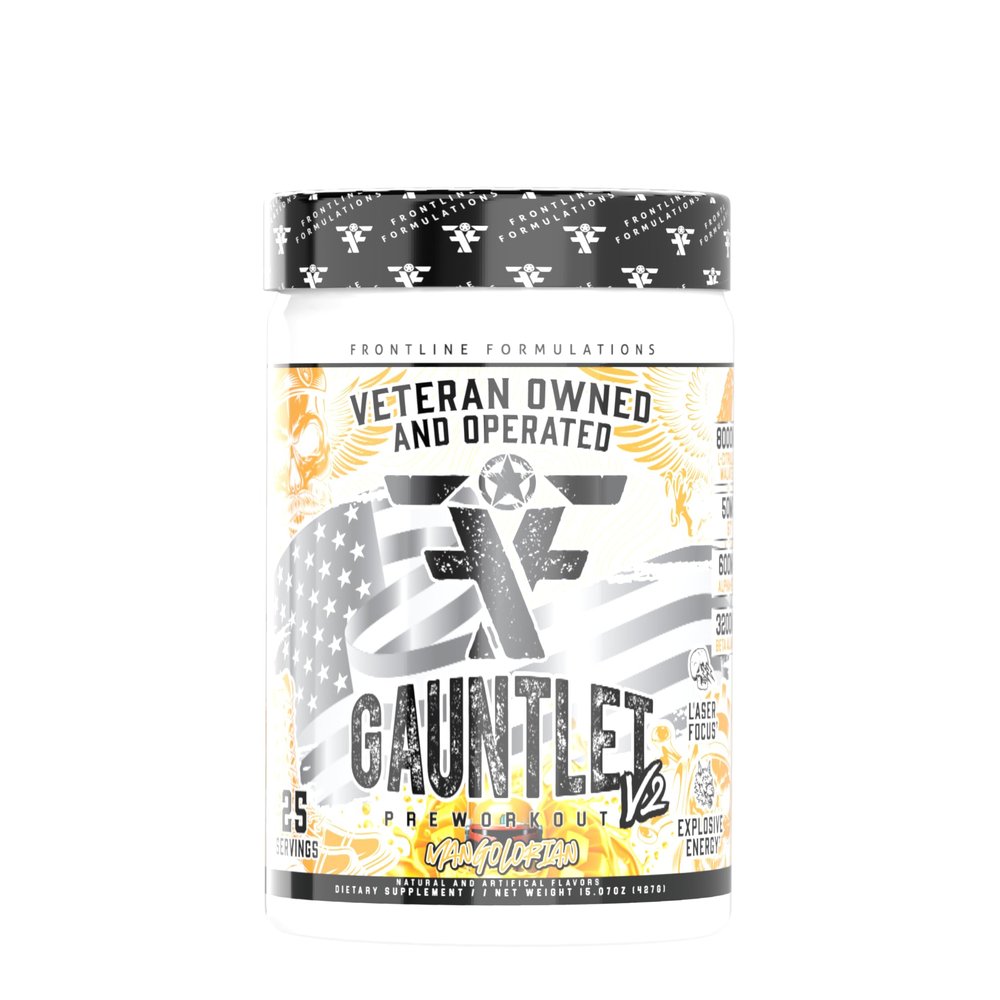 FRONTLINE FORMULATIONS Gauntlet Pre-Workout Powder, Explosive Workouts, Laser Focus, Mid Stim, Amazing Flavor, Veteran Owned and Operated (25 Servings, Mangolorian)