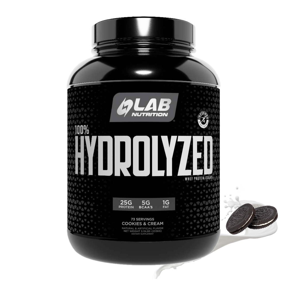 LAB NUTRITION 100% Hydrolyzed Whey Protein Isolate (5 Pounds, Cookies and Cream Flavor) 25gr of Protein, Build Muscle, Lean Muscle Growth, Easy Digestion, Gluten Free, Lactose Free, Fast Absorbing.