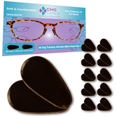 GMS Optical 3.2mm Extra-Thick / 15mm Medium-Length - Adhesive Air Bag Teardrop Anti-Slip Silicone Nose Pad - Anti-Slip for Glasses, Eyeglasses, Sunglasses (5 Pair-2 Pack)(10 Pair Total)(Black)