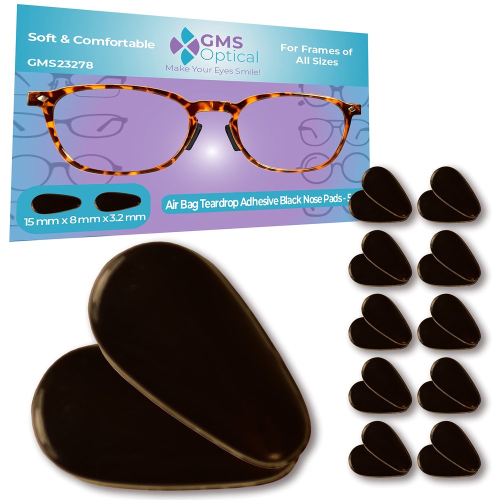 GMS Optical 3.2mm Extra-Thick / 15mm Medium-Length - Adhesive Air Bag Teardrop Anti-Slip Silicone Nose Pad - Anti-Slip for Glasses, Eyeglasses, Sunglasses (5 Pair-2 Pack)(10 Pair Total)(Black)