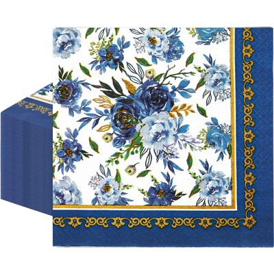 AnyDesign 80 Pack Navy Blue Floral Paper Napkins Blue White Flower Disposable Luncheon Napkins Gold Frame Dessert Dinner Hand Napkin for Home Kitchen Wedding Birthday Baby Shower, 6.5 x 6.5 Inch