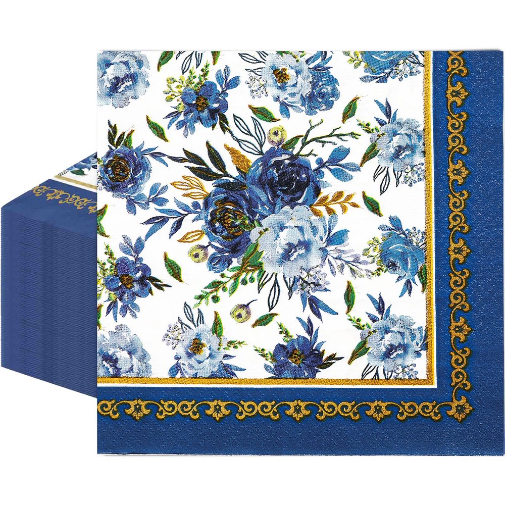 AnyDesign 80 Pack Navy Blue Floral Paper Napkins Blue White Flower Disposable Luncheon Napkins Gold Frame Dessert Dinner Hand Napkin for Home Kitchen Wedding Birthday Baby Shower, 6.5 x 6.5 Inch