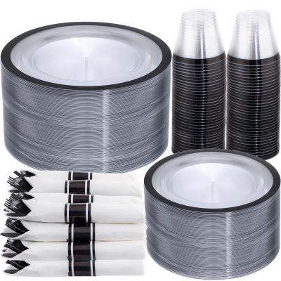 I00000 350 Pcs Clear and Black Plastic Plates,Black Dinnerware Set, Include 50 Dinner and 50 Dessert Plates,50 Plastic Cups,50 Pre Rolled Napkins with Cutlery for Party