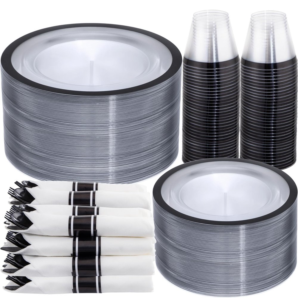 I00000 350 Pcs Clear and Black Plastic Plates,Black Dinnerware Set, Include 50 Dinner and 50 Dessert Plates,50 Plastic Cups,50 Pre Rolled Napkins with Cutlery for Party