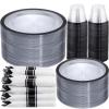 I00000 350 Pcs Clear and Black Plastic Plates,Black Dinnerware Set, Include 50 Dinner and 50 Dessert Plates,50 Plastic Cups,50 Pre Rolled Napkins with Cutlery for Party view 1
